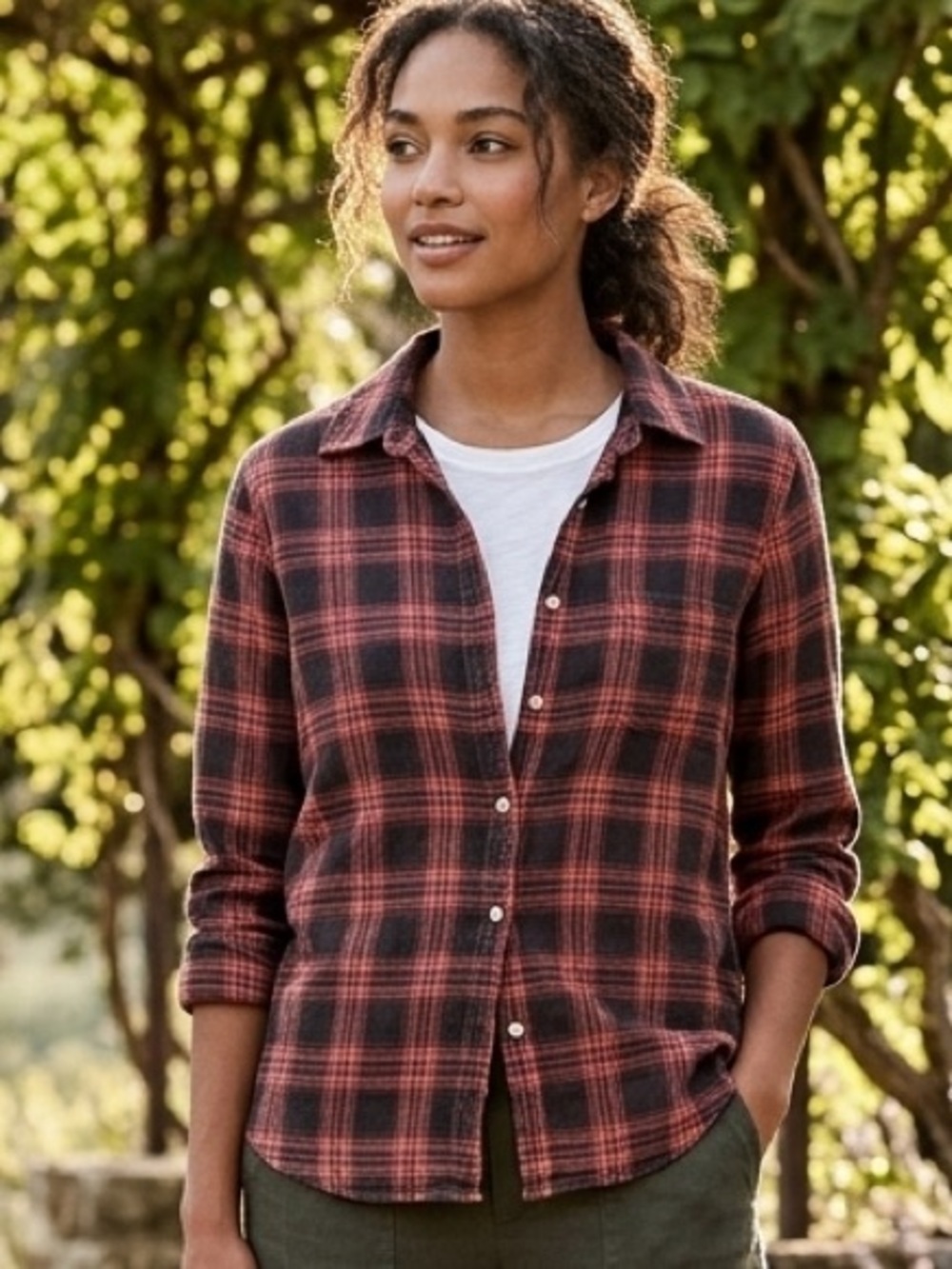 NWT Sundry Button Down Plaid Cotton Pink Black Shirt Womens size 1 Small